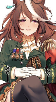1girl absurdres aiguillette animal_ears ascot black_thighhighs blush breasts brown_hair buttons cape chikabe double-breasted ear_ornament earrings epaulettes gloves green_jacket hair_between_eyes highres horse_ears horse_girl horse_tail jacket jewelry long_hair long_sleeves looking_at_viewer medal medium_breasts multicolored_hair parted_lips purple_eyes red_cape side_cape single_earring single_epaulette smile streaked_hair symboli_rudolf_(emperor&#039;s_path)_(umamusume) symboli_rudolf_(umamusume) tail thighhighs umamusume white_ascot white_gloves white_hair