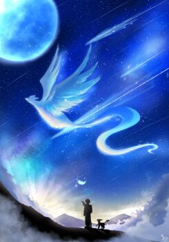 1girl 1other articuno beak bird commentary_request espeon feathers flying forked_tail full_moon gen_1_pokemon gen_2_pokemon highres jacket legendary_pokemon moon natu_a0z0ra nintendo outdoors pants pokemon pokemon_(creature) shooting_star short_hair sky star_(sky) tail wings