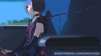 1girl blue_hair blue_sky bonsai_403 choker earbuds earphones flat_chest highres jellyfish_cut kamitsubaki_studio looking_to_the_side multicolored_hair official_art red_hair rim_(kamitsubaki_studio) sitting sky solo train_interior two-tone_hair