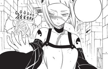 1girl bare_shoulders breasts detached_sleeves dress eden's_zero hair_ornament kleene_(eden's_zero) markings mashima_hiro non-web_source official_art petite short_hair shoulder_tattoo small_breasts solo strapless strapless_dress tattoo