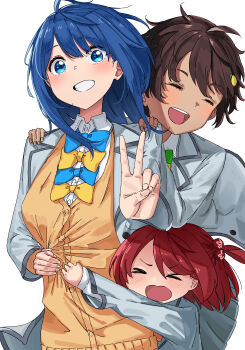 Rule 34 | > <, 3girls, absurdres, bad proportions, blue bow, blue bowtie, blue eyes, blue hair, blush, bow, bowtie, brown hair, closed eyes, dark-skinned female, dark skin, food-themed hair ornament, grey jacket, hair bobbles, hair ornament, hands on another's shoulders, highres, hug, hug from behind, jacket, jyuunen-kun, komari chika, lemon hair ornament, looking at viewer, make heroine ga oo sugiru!, multiple girls, red hair, short hair, smile, sweater vest, v, white background, yakishio lemon, yanami anna, yellow bow, yellow bowtie