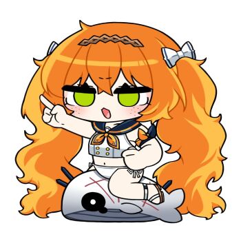 1girl arm_bow arm_up armband bikini blue_sailor_collar blush bow brown_hairband chibi cropped_shirt freckles hair_bow hairband highres ishmael_(project_moon) limbus_company long_hair matiyan923 neckerchief orange_hair orange_neckerchief pointing project_moon rope sailor_collar shirt simple_background solo stuffed_whale swimsuit the_pallid_whale twintails very_long_hair white_background white_bikini white_bow white_shirt
