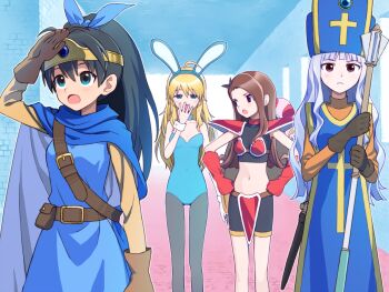 Rule 34 | 4girls, ahoge, animal ears, antenna hair, aqua eyes, aqua leotard, armor, black hair, blonde hair, blue hat, blue tabard, blunt bangs, brown hair, cape, cosplay, covered navel, cross, cross print, dragon quest, dragon quest iii, fake animal ears, gadabout (dq3), gadabout (dq3) (cosplay), ganaha hibiki, gloves, gold trim, green eyes, hair ribbon, hairband, hands on own hips, hat, headband, helmet, hiboshi daizu, highres, hoshii miki, idolmaster, idolmaster (classic), layered clothes, leotard, mace, midriff, minase iori, multiple girls, navel, open mouth, pantyhose, playboy bunny, ponytail, priest (dq3), priest (dq3) (cosplay), purple eyes, rabbit ears, red armor, red eyes, ribbon, roto, roto (cosplay), roto (dq3), shield, shijou takane, silver hair, warrior (dq3), sweatdrop, tabard, tears, warrior (dq3) (cosplay), weapon, wrist cuffs, yawning