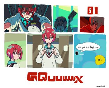 1girl amate_yuzuriha aqua_eyes aqua_shirt artist_name beanie black_hat chat_log cockpit collared_shirt commentary_request copyright_name dou_(mame_eee) english_text gundam gundam_gquuuuuux hair_between_eyes haro hat highres holding long_sleeves looking_at_viewer necktie open_mouth pilot piloting red_hair school_uniform science_fiction shirt short_hair skirt speech_bubble sweater twitter_username upper_body