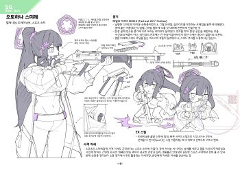Rule 34 | 1girl, absurdres, aiming, ammunition, benelli m4, black hair, blue archive, breasts, commentary, finger on trigger, flower, flukhan, gun, hair flower, hair ornament, hair scrunchie, halo, highres, holding, holding gun, holding weapon, information sheet, korean text, large breasts, long hair, m1014, multiple views, navel, pants, purple eyes, purple halo, purple scrunchie, reference inset, reloading, scrunchie, shotgun, shotgun shell, simple background, sports bra, sumire (blue archive), translation request, very long hair, watermark, weapon, weapon focus, white background, white sports bra, yoga pants