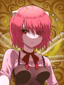 1girl abstract_background black_dress breasts brown_background closed_mouth collarbone commentary dress elfen_lied english_commentary eyelashes frown goph hair_over_one_eye highres horns looking_at_viewer lucy_(elfen_lied) pink_hair pink_shirt red_eyes shirt short_hair solo upper_body