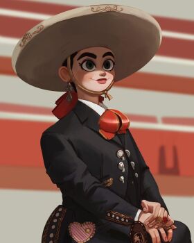 1girl black_hair bow bowtie brown_eyes charro crossdressing crossdressing_(ftm) hat heart-shaped_bag highres jewelry lips looking_ahead mexican_clothes mexico original pink_nails red_bow red_bowtie ring smile solo sombrero the_awesombrosos thick_eyebrows