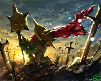 1other arrow_(projectile) arrow_in_body battlefield bird cape chesnaught chespin claws closed_eyes crying fur_cape furry gen_3_pokemon gen_6_pokemon highres holding holding_weapon kneeling mega_chesnaught mega_pokemon nintendo outdoors photo_(object) pokemon pokemon_(creature) pokemon_focus rhond_45 sky spikes sword tears treecko weapon