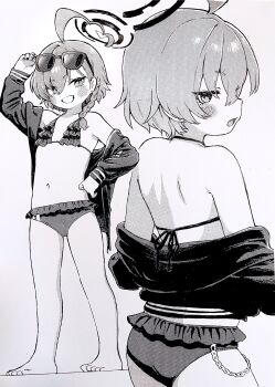 1girl ahoge barefoot bikini blue_archive blush braid commentary_request flat_chest frilled_bikini frills full_body greyscale halo highres jacket looking_at_viewer mizuno_uchi monochrome multiple_views navel neru_(blue_archive) neru_(swimsuit)_(blue_archive) off_shoulder open_clothes open_jacket open_mouth short_hair smile sunglasses swimsuit