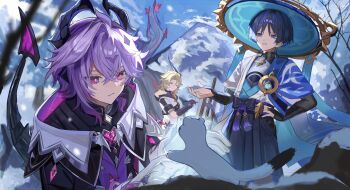 3boys absurdres albedo_(genshin_impact) anemo_symbol_(genshin_impact) animal_print aqua_eyes arm_at_side armor bare_tree belt bird_print black_belt black_bodysuit black_bow black_bridal_gauntlets black_coat black_gloves black_hair black_hood black_horns black_shirt black_shorts black_sleeves black_tail blonde_hair blue_cape blue_gem blue_hat blue_kimono blue_sky blue_sleeves blunt_ends blurry bodysuit bow braid bridal_gauntlets bright_pupils bug butterfly canvas_(object) cape chain chest_jewel cleavage_cutout closed_mouth clothing_cutout cloud cloudy_sky coat collar colored_inner_hair commentary_request crossed_bangs curtained_hair depth_of_field diamond-shaped_pupils diamond_(shape) dragon_boy dragon_horns dragon_tail dragonspine_(genshin_impact) durin_(genshin_impact) eyelashes facial_mark feathers forehead_mark furisode gem genshin_impact glint gloves gold gold_ring gold_trim hair_between_eyes hakama hakama_shorts half_up_braid hand_on_own_hip hand_up hat heart-shaped_gem highres hip_vent holding holding_paintbrush hood hooded_coat horns insect japanese_armor japanese_clothes jingasa juban kimono kote kurokote layered_sleeves long_sleeves looking_at_animal looking_at_another mandarin_collar middle_ring mountain multicolored_hair multiple_boys open_clothes open_coat open_hand open_hands open_kimono open_mouth outdoors paintbrush pink_eyes pleated_shorts pom_pom_(clothes) purple_eyes purple_gem purple_hair purple_horns purple_rope purple_sash purple_vest red_butterfly red_gloves rope rtms sash scaramouche_(genshin_impact) shirt short_sleeves shorts sky snow symbol-shaped_pupils tail tassel tree tsurime twitter_username two-sided_gloves two-sided_horns undershirt vest vision_(genshin_impact) wanderer_(genshin_impact) weasel white_coat white_collar white_gloves white_kimono white_mouth white_pupils white_sleeves white_trim wispy_bangs yellow_feathers