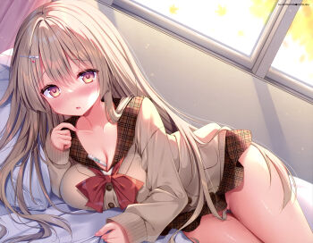 1girl :o absurdres bed bed_sheet between_breasts blush breasts brown_cardigan brown_eyes brown_hair brown_sailor_collar brown_skirt cardigan cleavage clothes_lift collarbone curtains hair_between_eyes hair_censor hair_ornament hairclip highres large_breasts long_hair long_sleeves looking_at_viewer lying no_panties non-web_source on_side open_mouth original sailor_collar school_uniform sheet_grab sidelocks skirt skirt_lift solo sweater thermometer thighs watagashi_yui wet window