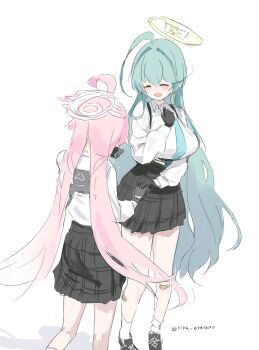 2girls :d ^_^ absurdres ahoge aqua_hair bandage_on_knee black_gloves black_shoes black_skirt blue_archive breasts candy_moon777 chest_strap closed_eyes gloves halo hand_on_own_chest highres hoshino_(blue_archive) large_breasts long_hair multiple_girls open_mouth pink_hair pink_halo pleated_skirt shirt shoes skirt smile standing very_long_hair white_background white_shirt white_shoes yume_(blue_archive)
