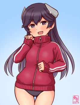 Rule 34 | 1girl, artist logo, black buruma, black hair, blue background, brown eyes, buruma, commentary request, cowboy shot, dated, gluteal fold, gradient background, gym uniform, headgear, i-400 (kancolle), jacket, kanon (kurogane knights), kantai collection, logo, long hair, looking at viewer, red jacket, smile, solo, thigh gap, track jacket