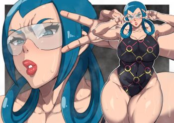 1girl black_one-piece_swimsuit blue_eyes blue_hair breasts cleavage close-up covered_navel curvy double_v hair_rings large_breasts lips mable_(pokemon) multiple_views nintendo one-piece_swimsuit oryutoo pokemon pokemon_legends:_z-a pursed_lips red_lips safety_glasses solo standing sweat swimsuit thick_thighs thighs v v_over_eye wide_hips widow&#039;s_peak