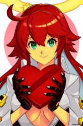Rule 34 | 1girl, absurdres, ankh necklace, artist name, belt, black gloves, bodysuit, box, breasts, broken halo, cleavage, colored inner hair, front slit, gift, gloves, green eyes, guilty gear, guilty gear strive, hair between eyes, halo, happy valentine, heart, heart-shaped box, highres, holding, holding gift, jack-o&#039; valentine, large breasts, long hair, multicolored hair, red hair, smgold, solo, spiked halo, too many, too many belts, valentine, very long hair, white bodysuit, white hair