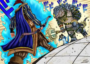 3boys absurdres aura blue_cape blue_scales blue_sleeves bow_(weapon) bracelet brown_pants cape crocodilian derivative_work dodododo empire_(warhammer_fantasy) feathers fur_collar fur_hat furry furry_male gold_bracelet hat hat_feather highres jewelry jojo_no_kimyou_na_bouken kroxigor lizardman lizardman_(warhammer_fantasy) long_sleeves looking_at_another mace male_focus comic_panel_redraw markus_wulfhart meme mr_carstein multiple_boys nakai_(warhammer_fantasy) necklace oh?_you&#039;re_approaching_me?_(meme) pants parody puffy_sleeves renaissance_clothes rope scales scar sharp_teeth size_difference skink skull_necklace slit_pupils spiked_mace spikes stardust_crusaders stone_floor surprised teeth total_war total_war:_warhammer total_war:_warhammer totem trinkets walking warhammer_fantasy weapon yellow_eyes