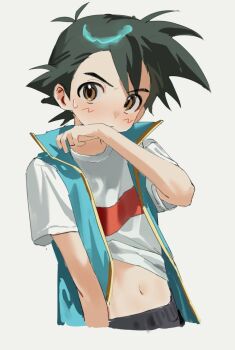 ash_ketchum black_hair black_pants blue_jacket brown_eyes clothes_lift commentary_request cropped_torso hand_up jacket korean_commentary looking_at_viewer male_focus navel nintendo pants pokemon pokesudal shirt shirt_lift short_hair short_sleeves simple_background sleeveless sleeveless_jacket solo stomach upper_body white_background white_shirt wiping_face
