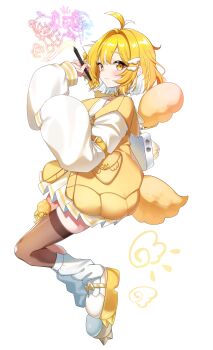 1girl absurdres ahoge blonde_hair blush bow character_request closed_mouth colored_inner_hair copyright_request highres holding holding_stylus long_sleeves loose_socks multicolored_hair pleated_skirt skirt socks socks_over_thighhighs solo stylus sui_hi_sf thighhighs white_hair white_skirt white_socks yellow_bow yellow_eyes