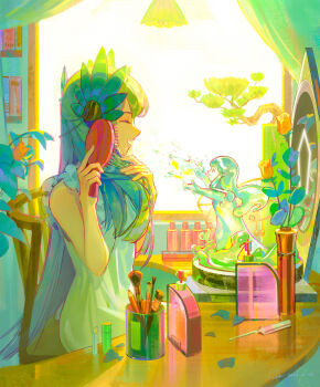 1girl ^_^ absurdres applying_makeup applying_own_makeup arknights artist_name brushing_hair closed_eyes comb commentary cosmetics dated dress flower from_side highres holding holding_comb indoors laurel_crown lipstick_tube long_hair lyuqiu makeup_brush mirror muelsyse_(arknights) open_mouth plastic_bottle signature sitting soap_bottle solo table teeth tulip upper_teeth_only vanity_table vase very_long_hair white_dress yellow_flower yellow_tulip