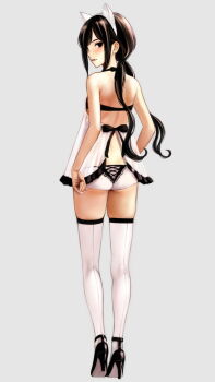 1girl animal_ears ass back bare_shoulders black_eyes black_hair black_shoes blood_alone blush butt_crack camisole cat_ears commentary_request fake_animal_ears fangs flat_chest from_behind full_body high_heels highres long_hair looking_at_viewer looking_back median_furrow misaki_minato panties parted_lips profile shoes simple_background solo standing tail takano_masayuki thighhighs twintails underwear vampire white_background white_camisole white_panties white_thighhighs