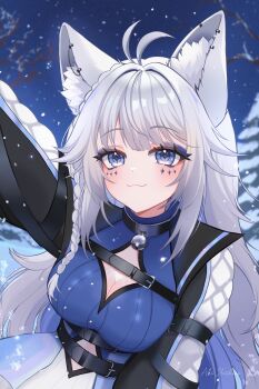 1girl :3 absurdres ahoge aki_hoshino animal_ear_fluff animal_ears artist_name belt black_belt blue_eyes blue_hair braid breasts cat_ears cat_girl chest_belt cleavage closed_mouth colored_inner_hair commentary commission earrings english_commentary grey_hair highres indie_virtual_youtuber jewelry kaibyo_arkynn long_hair multicolored_hair night snowing solo virtual_youtuber