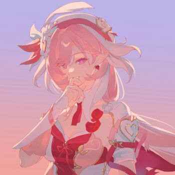 1girl artist_request beret breasts cleavage commission diamond-shaped_pupils diamond_(shape) dress earrings elf elysia_(hi_love_elf)_(honkai_impact) elysia_(honkai_impact) gradient_sky hashtag-only_commentary hat heart heart_earrings highres honkai_(series) honkai_impact_3rd jewelry large_breasts long_hair looking_at_viewer multicolored_hair pink_hair pointy_ears purple_eyes red_dress second-party_source sky smile solo symbol-shaped_pupils two-tone_hair upper_body very_long_hair white_hair