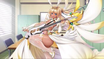 1girl aoi_nagisa_(metalder) ass bare_legs bed bedroom blonde_hair blue_eyes blush breasts cameltoe capelet curvy dark-skinned_female dark_skin electric_guitar fake_wings fingernails futaba_lili_ramses guitar hair_ribbon hand_on_own_hip hands_on_own_hips highleg highleg_leotard highres holding holding_guitar holding_instrument huge_ass instrument leotard lilith-soft long_hair looking_at_viewer magical_girl revealing_clothes ribbon screencap see-through_clothes see-through_leotard small_breasts standing taimanin_(series) taimanin_rpgx tentacle_and_witches thong_leotard twintails wide_hips wings