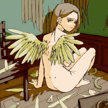 1girl arm_support blue_eyes broken brown_hair chair completely_nude dimples_of_venus feathered_wings from_behind frown highres looking_back medium_hair nude original pantsu-ripper sitting solo third-party_source wings wooden_floor