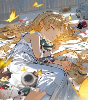 1girl absurdres blonde_hair bug butterfly character_doll child closed_eyes crayon doll drawing_(object) dress envelope feet_out_of_frame frederick_kreiburg hair_intakes hair_spread_out highres holding holding_stuffed_toy hrak_mumi identity_v insect long_hair lying melly_plinius memory_(identity_v) norton_campbell orpheus_(identity_v) parted_lips sleeping stuffed_animal stuffed_toy syringe white_dress yellow_butterfly
