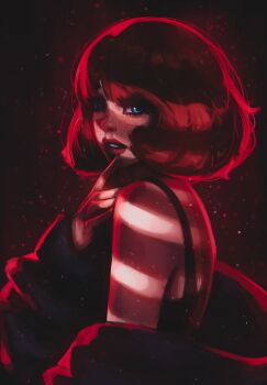 Rule 34 | 1girl, absurdres, bare shoulders, blue eyes, bra strap, coat, coat partially removed, commentary, english commentary, finger to mouth, freckles, from side, hand up, highres, light particles, lips, lipstick, long sleeves, looking at viewer, makeup, original, parted lips, red coat, red hair, red lips, short hair, solo, titanartx, upper body