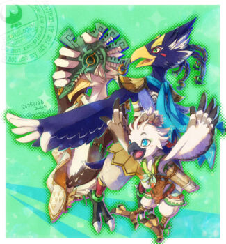 3boys artist_name beak bird_boy blue_eyes braid claws closed_mouth commentary_request dated furry furry_male green_eyes hand_wings hyrule_warriors:_age_of_imprisonment male_focus mask mirayu multiple_boys nintendo open_mouth raphica_(zelda) revali smile talons the_legend_of_zelda the_legend_of_zelda:_breath_of_the_wild the_legend_of_zelda:_tears_of_the_kingdom tulin_(zelda)