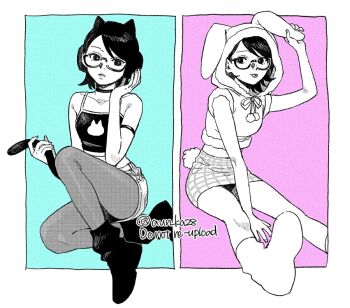 1girl animal_ear_headphones animal_ears armband boruto:_naruto_next_generations camisole cat_ear_headphones cat_ears cat_tail commentary crop_top denim denim_skirt english_commentary fake_animal_ears fake_tail fur-trimmed_hoodie fur_trim glasses greyscale_with_colored_background headphones highres holding_own_tail hood hoodie medium_hair midriff miniskirt naruto_(series) onka_(aun_ka28) pantyhose plaid_clothes plaid_skirt rabbit_ears rabbit_tail short_sleeves sitting skirt socks tail tongue tongue_out twitter_username uchiha_sarada