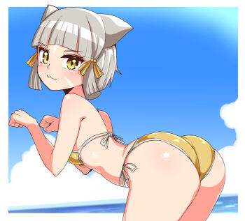1girl animal_ears ass beach bikini blunt_bangs breasts cat_ears cat_girl cloud cougar_(cougar1404) female_focus framed from_side medium_hair nia_(xenoblade) nintendo side-tie_bikini_bottom silver_hair sky small_breasts solo string_bikini swimsuit wedgie xenoblade_chronicles_(series) xenoblade_chronicles_2 yellow_bikini yellow_eyes