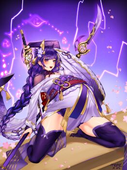 1girl absurdres asymmetrical_sleeves big_belly blunt_bangs blush breasts bridal_gauntlets cleavage commission electricity engulfing_lightning_(genshin_impact) fan_hair_ornament flower flower_ornament full_stomach genshin_impact glowing gradient_background gradient_hair happy head_tilt highres holding holding_polearm holding_weapon inflation japanese_clothes kimono kneeling korean_commentary large_breasts leaning_back lingerie long_hair looking_at_viewer looking_to_the_side meowx25 mistsplitter_reforged_(genshin_impact) mitsudomoe_(shape) mole mole_under_eye multicolored_hair neck_ribbon off_shoulder on_table open_mouth polearm powering_up pregnant purple_background purple_eyes purple_flower purple_kimono purple_thighhighs raiden_shogun red_lips red_ribbon red_sash ribbon sash solo streaked_hair table teeth thick_thighs thighhighs thighs tomoe_(symbol) underwear uneven_sleeves upper_teeth_only weapon wide_sleeves wooden_table