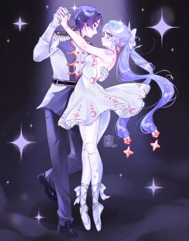 1boy 1girl alternate_costume alternate_species aqua_eyes arm_up ballerina ballet_slippers bare_shoulders belt black_belt black_eyes black_shoes blunt_ends bow breasts closed_eyes crescent_ornament diffraction_spikes doll_joints dress ear_piercing earrings epaulettes eyeliner fingernails formal_clothes foxtrot_(foxtrot_xx) from_side gem genshin_impact gloves gold_earrings gold_trim gradient_hair hair_bow hand_on_another's_back hand_up highres holding_hands interlocked_fingers jacket jewelry joints long_hair long_sleeves looking_at_another makeup median_furrow medium_breasts medium_dress military_uniform mona_(genshin_impact) multicolored_hair oxfords pants pantyhose piercing ponytail_holder purple_background purple_hair purple_pants red_eyeliner red_gem scaramouche_(genshin_impact) shoes sidelocks single_epaulette species_switch star_(symbol) star_earrings star_ornament tsurime twintails white_bow white_dress white_gloves white_hair white_jacket white_pantyhose white_sleeves