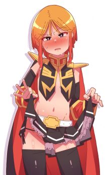 1girl absurdres black_cape black_panties blush boots breasts bridal_gauntlets cape clothes_lift cowboy_shot gundam gundam_zz highres lifting_own_clothes looking_at_viewer navel neo_zeon onimaru_(onimal7802) orange_hair panties puru_two raised_eyebrow science_fiction short_hair shoulder_pads skirt skirt_lift small_breasts solo standing thighhighs underwear white_background white_boots