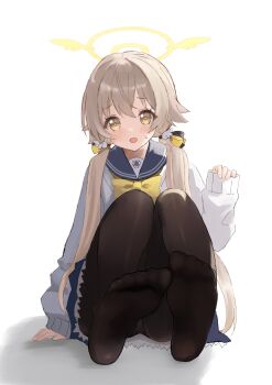Rule 34 | 1girl, absurdres, blonde hair, blue archive, blush, feet, hifumi (blue archive), highres, long hair, looking at viewer, low twintails, open mouth, panties, panties under pantyhose, pantyhose, pantyshot, saibashi (develop komono), soles, toes, twintails, underwear, yellow eyes