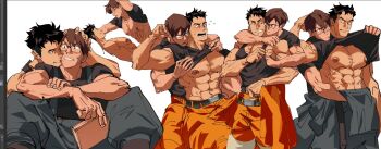 2boys abs akitaru_oubi bara bare_pectorals black_hair black_shirt black_tank_top brown_hair clothes_lift commentary en&#039;en_no_shouboutai english_commentary glasses large_pectorals lifting_another&#039;s_clothes male_focus multiple_boys multiple_views muscular muscular_male nioseptem nipples pectoral_cleavage pectorals shirt shirt_lift short_hair takehisa_hinawa tank_top yaoi
