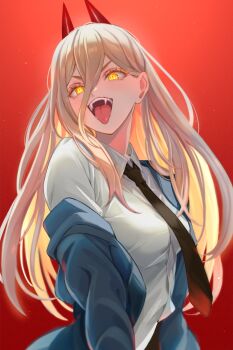 1girl black_necktie blue_jacket chainsaw_man collared_shirt commentary_request eyelashes fangs hair_between_eyes highres horns jacket long_hair long_sleeves looking_at_viewer mitama_(mokochiko) necktie open_mouth power_(chainsaw_man) red_background red_horns shirt simple_background solo tongue tongue_out white_shirt yellow_eyes