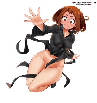 1girl :d alternate_costume blush blush_stickers boku_no_hero_academia bottomless breasts brown_eyes brown_hair closed_mouth clothes_lift collared_dress cosplay dress dress_lift embarrassed floating floating_clothes highres medium_breasts navel no_bra no_panties one-punch_man open_mouth sereneandsilent shoes short_hair sidelocks simple_background smile solo superhero_costume tatsumaki tatsumaki_(cosplay) telekinesis thick_eyebrows thick_thighs thighs uraraka_ochako white_background