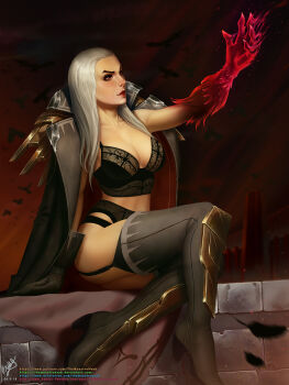 1girl animal bird black_bra black_coat black_panties boots bra brown_footwear brown_gloves coat colored_skin garter_straps gloves grey_hair highres lace lace-trimmed_bra lace_trim league_of_legends long_hair looking_up panties red_background red_coat red_lips red_skin sitting swain_(league_of_legends) themaestronoob thigh_boots two-sided_coat two-sided_fabric underwear watermark web_address
