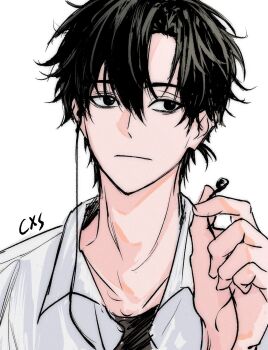 1boy black_eyes black_hair black_necktie character_name cheng_xiaoshi closed_mouth collarbone collared_shirt commentary_request earphones hair_between_eyes hand_up highres holding holding_earphones korean_commentary looking_at_viewer looking_to_the_side male_focus necktie ponytail school_uniform shiguang_dailiren shirt short_hair short_ponytail signature simple_background sketch solo ss13057 upper_body white_background white_shirt
