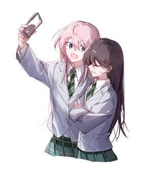 2girls bang_dream! bang_dream!_it&#039;s_mygo!!!!! black_hair chihaya_anon closed_eyes collared_shirt crossed_arms diagonal-striped_clothes diagonal-striped_necktie fang green_necktie green_skirt grey_jacket hair_between_eyes haneoka_school_uniform hibioes highres jacket long_hair long_sleeves mole mole_under_eye multiple_girls necktie open_mouth pink_hair school_uniform selfie shiina_taki shirt simple_background skirt striped_clothes sweatdrop white_background white_shirt