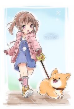1girl :d animal baby_animal blue_overalls blue_sky blush bow bow_legwear brown_gloves brown_hair child commentary_request dog down_jacket flower full_body gloves hair_flower hair_ornament highres holding holding_leash hood hooded_jacket jacket leash looking_at_animal multicolored_shoes open_clothes open_jacket open_mouth original outdoors overall_shorts overalls pawpads pet_walking pink_bow pink_eyes pink_jacket polka_dot polka_dot_jacket puppy running shirt short_twintails sidelocks signature sinasia sky smile snowflakes solo tassel twintails welsh_corgi white_shirt winter