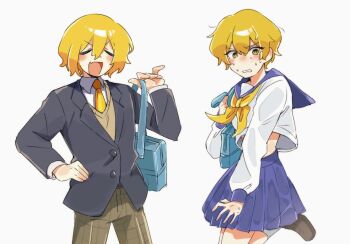 1boy 1girl alternate_costume bag black_jacket blazer blonde_hair blue_bag blue_sailor_collar blue_skirt blush brown_pants brown_vest checkered_clothes checkered_pants closed_eyes crop_top crossdressing crossdressing_(ftm) crossdressing_(mtf) don_quixote_(project_moon) dress_shirt ear_blush embarrassed fang hair_between_eyes hand_on_own_hip holding holding_bag jacket limbus_company long_sleeves midriff neckerchief necktie open_mouth pants parted_lips pleated_skirt project_moon rnaro_maro sailor_collar school_bag school_uniform serafuku shirt short_hair simple_background sinclair_(project_moon) skin_fang skirt smile sweat v-shaped_eyebrows vest white_background white_shirt yellow_eyes yellow_neckerchief yellow_necktie