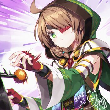 1girl ahoge armpits blush braid braided_sidelock brown_hair bucchake_(asami) closed_mouth detached_sleeves emphasis_lines eyepatch fingerless_gloves gloves green_eyes green_hood green_kimono hair_over_one_eye hitting hood japanese_clothes kimono lever neck_ribbon ribbon sengoku_otome short_hair slot_machine two-tone_background upper_body yamamoto_kansuke_(sengoku_otome)