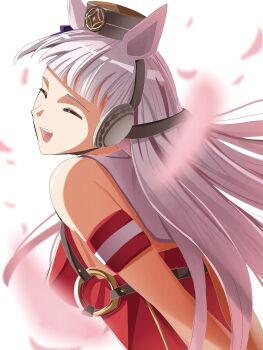 1girl animal_ears armband bare_shoulders blunt_bangs blush bow breasts closed_eyes dress ear_bow ear_ribbon gold_ship_(red_strife)_(umamusume) gold_ship_(umamusume) grey_hair hat highres horse_ears horse_girl long_hair medium_breasts open_mouth petals pillbox_hat purple_bow red_armband red_dress shirt simple_background sleeveless sleeveless_dress smile solo striped_armband striped_clothes teeth toyeeta_prius umamusume upper_body upper_teeth_only white_armband