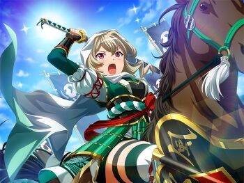 1girl armor banner cloak cosplay day dutch_angle game_cg grey_hair hair_between_eyes holding holding_sword holding_weapon hood hood_up hooded_cloak horse horseback_riding japanese_armor looking_at_viewer official_art open_mouth purple_eyes riding saijou_claudine shoujo_kageki_revue_starlight shoujo_kageki_revue_starlight_-re_live- solo sword uesugi_kenshin_(real_life) uesugi_kenshin_(real_life)_(cosplay) upper_body v-shaped_eyebrows weapon white_cloak
