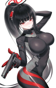 1girl absurdres black_bodysuit black_hair black_halo blue_archive bodysuit breasts bright_pupils commentary_request gun halo handgun highres holding holding_gun holding_weapon impossible_bodysuit impossible_clothes large_breasts latex latex_bodysuit limi_(li_mi_0) multicolored_halo official_alternate_costume official_alternate_hairstyle red_eyes ringed_eyes rio_(armed)_(blue_archive) rio_(blue_archive) simple_background skin_tight solo two-tone_halo weapon white_background white_pupils