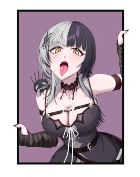 1girl absurdres arm_warmers armband bare_shoulders belt black_arm_warmers black_belt black_choker black_dress black_hair black_nails border breasts choker cleavage collarbone commentary dress grey_arm_warmers grey_hair highres hololive hololive_english large_breasts long_hair looking_at_viewer mmneko multicolored_hair nail_polish orange_eyes shiori_novella shiori_novella_(1st_costume) simple_background sleeveless sleeveless_dress striped_arm_warmers tongue tongue_out two-tone_arm_warmers two-tone_hair virtual_youtuber yorick_(shiori_novella)